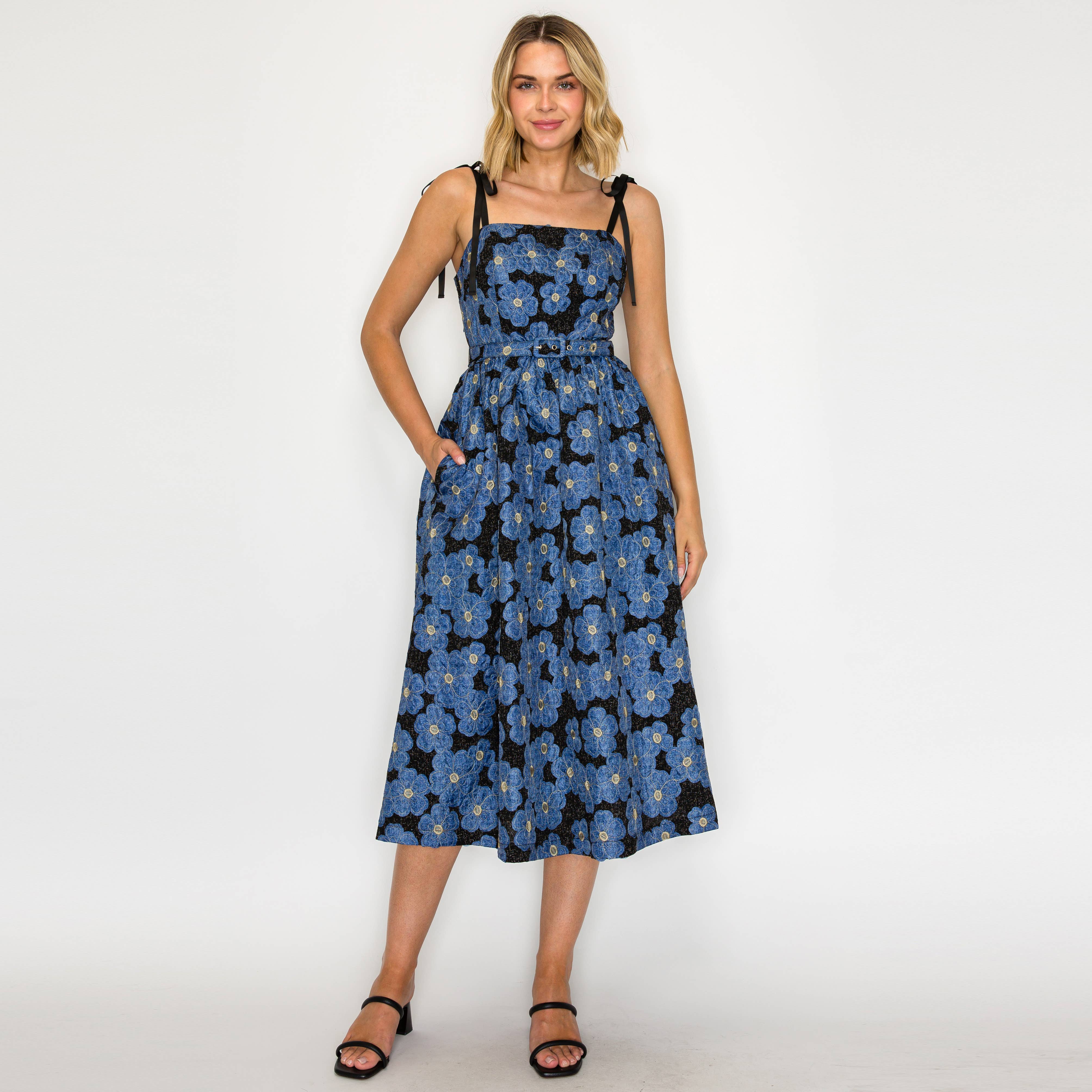 Denim Flower Jacquard Midi Dress with Flower patch