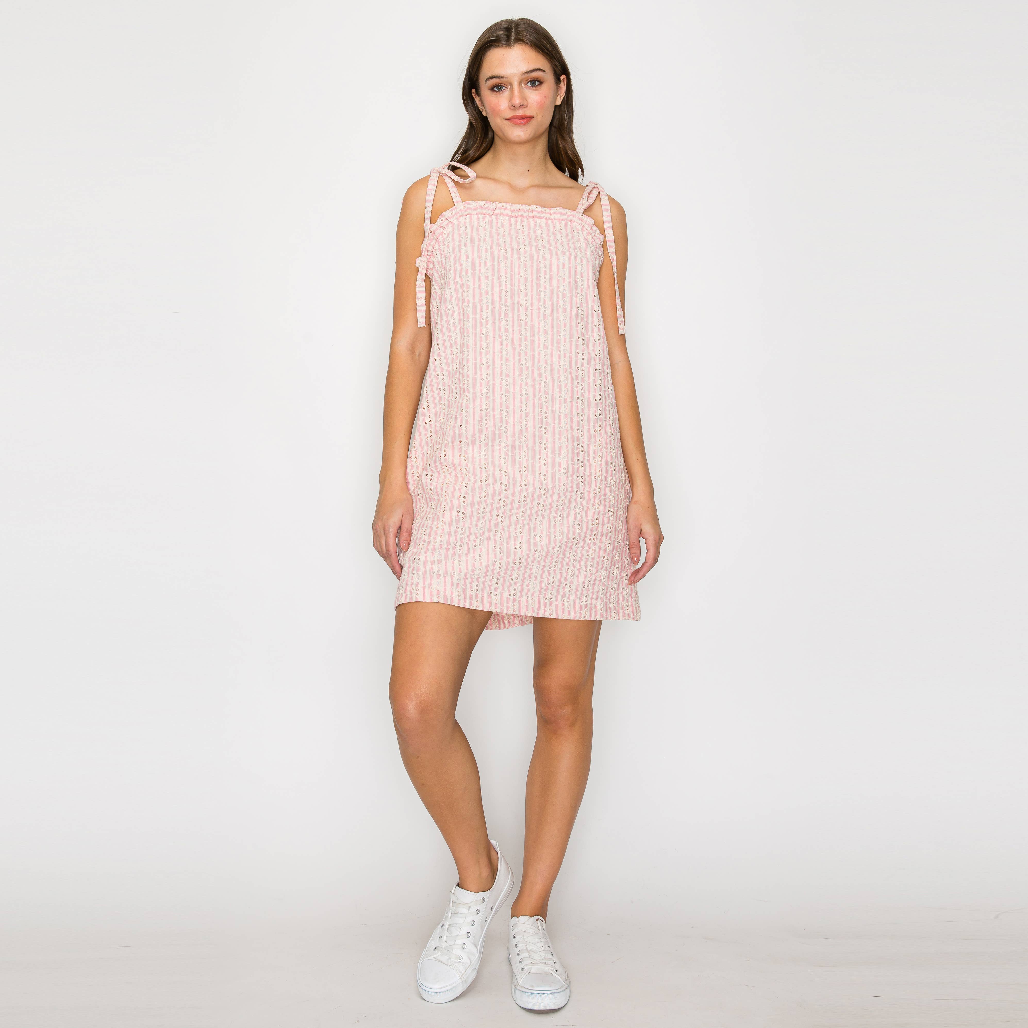 Soft Pink Stripe w/ Embroidery Mini Dress w/ Ruffle