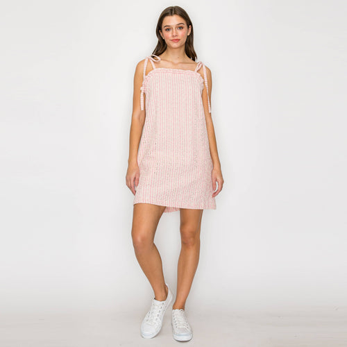 Soft Pink Stripe w/ Embroidery Mini Dress w/ Ruffle -LWD2843