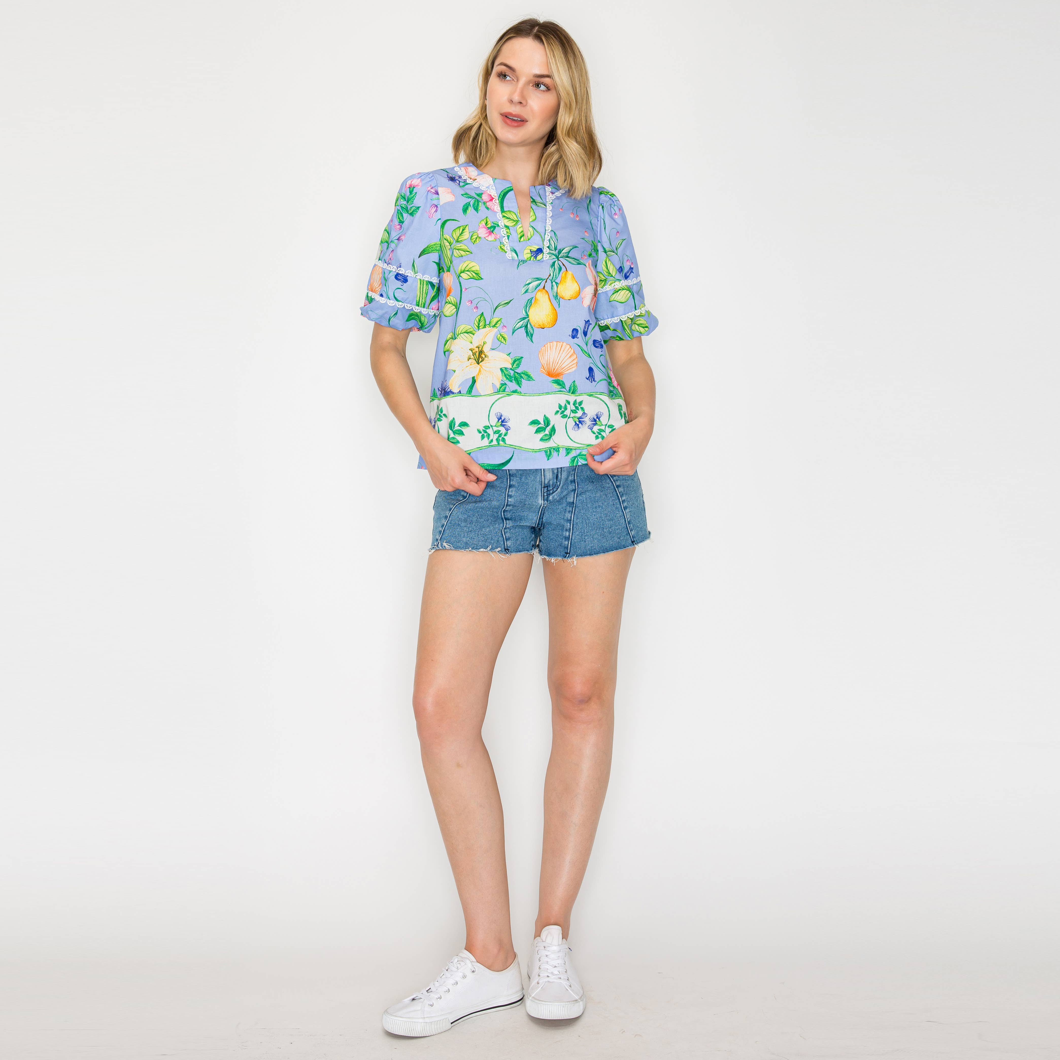 Summer Romantic Garden with Shell Blue Blouse
