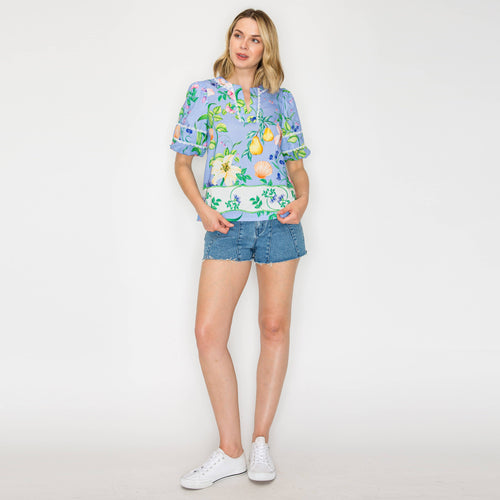 Summer Romantic Garden with Shell Blue Blouse