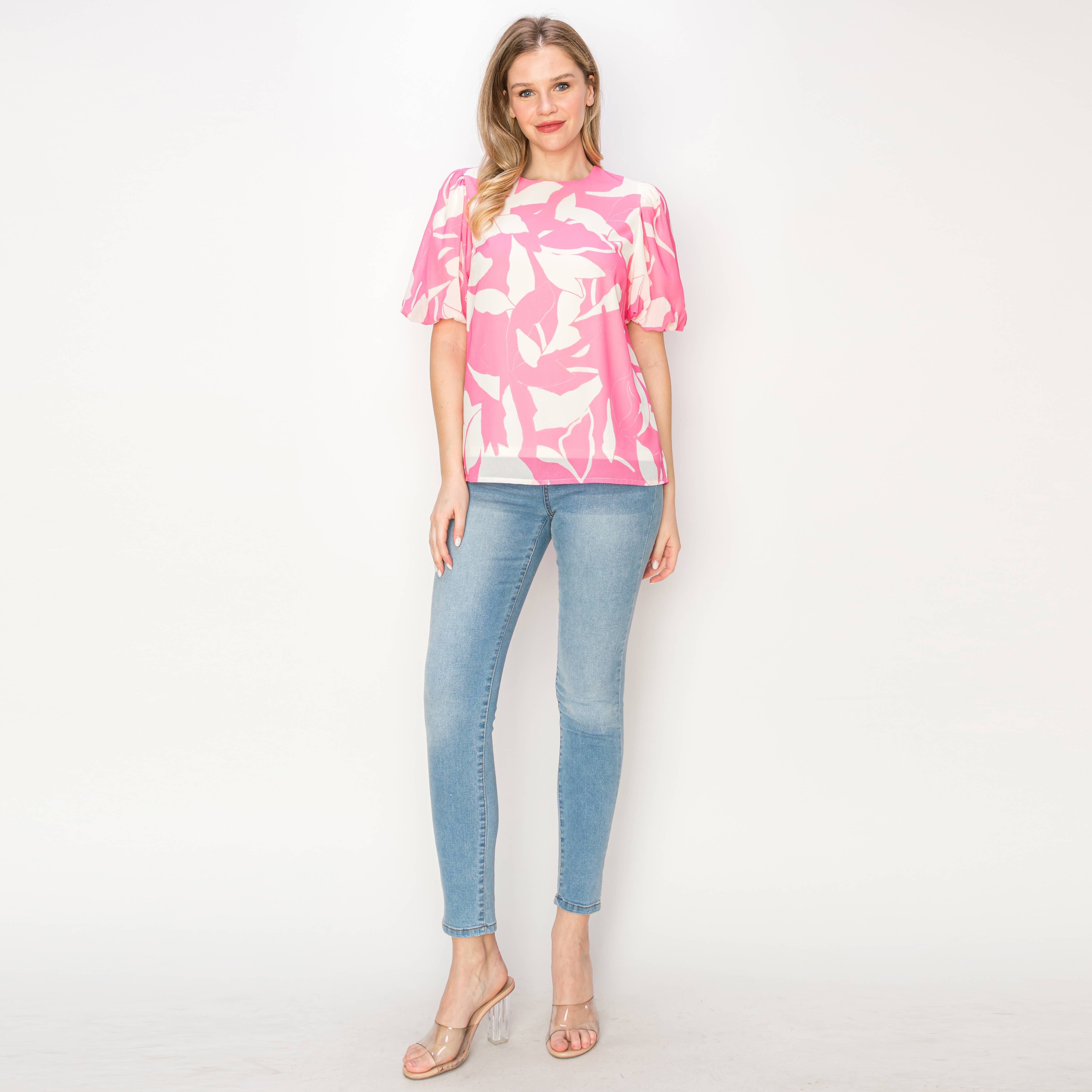 Print woven top with bubble sleeves