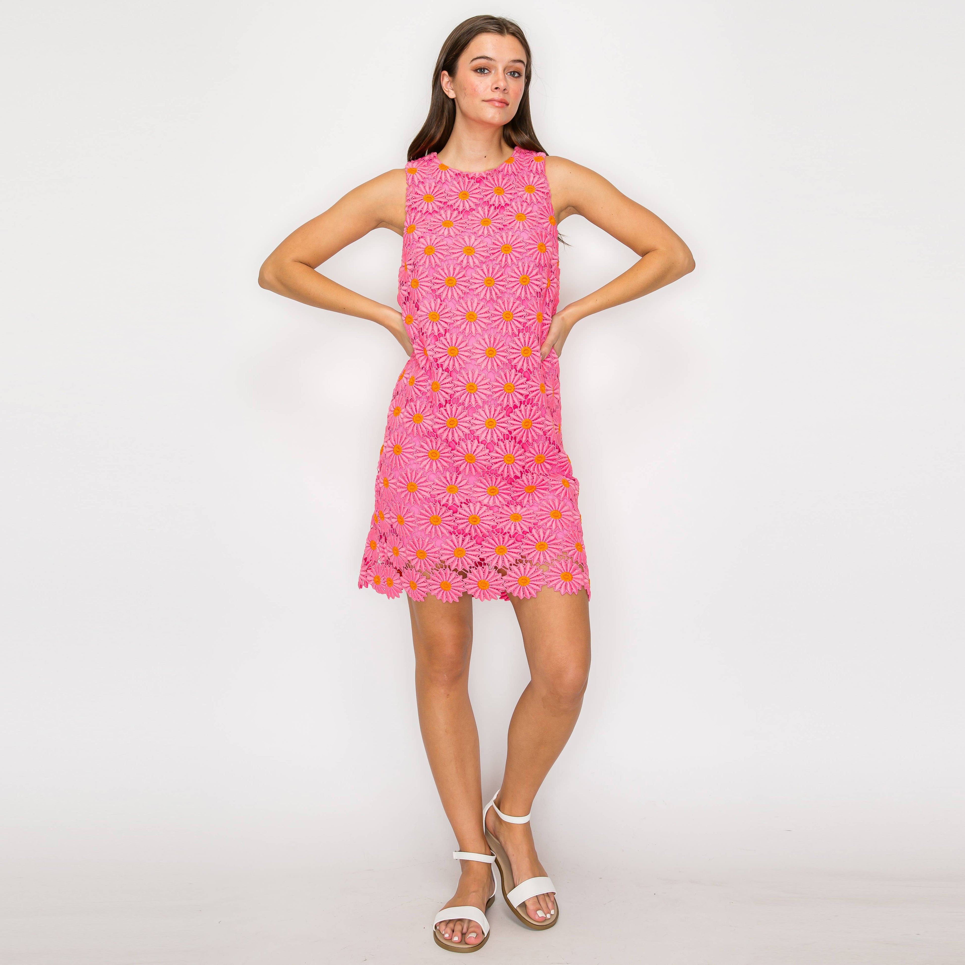 Pink Daisy Lace Mini Shift Dress