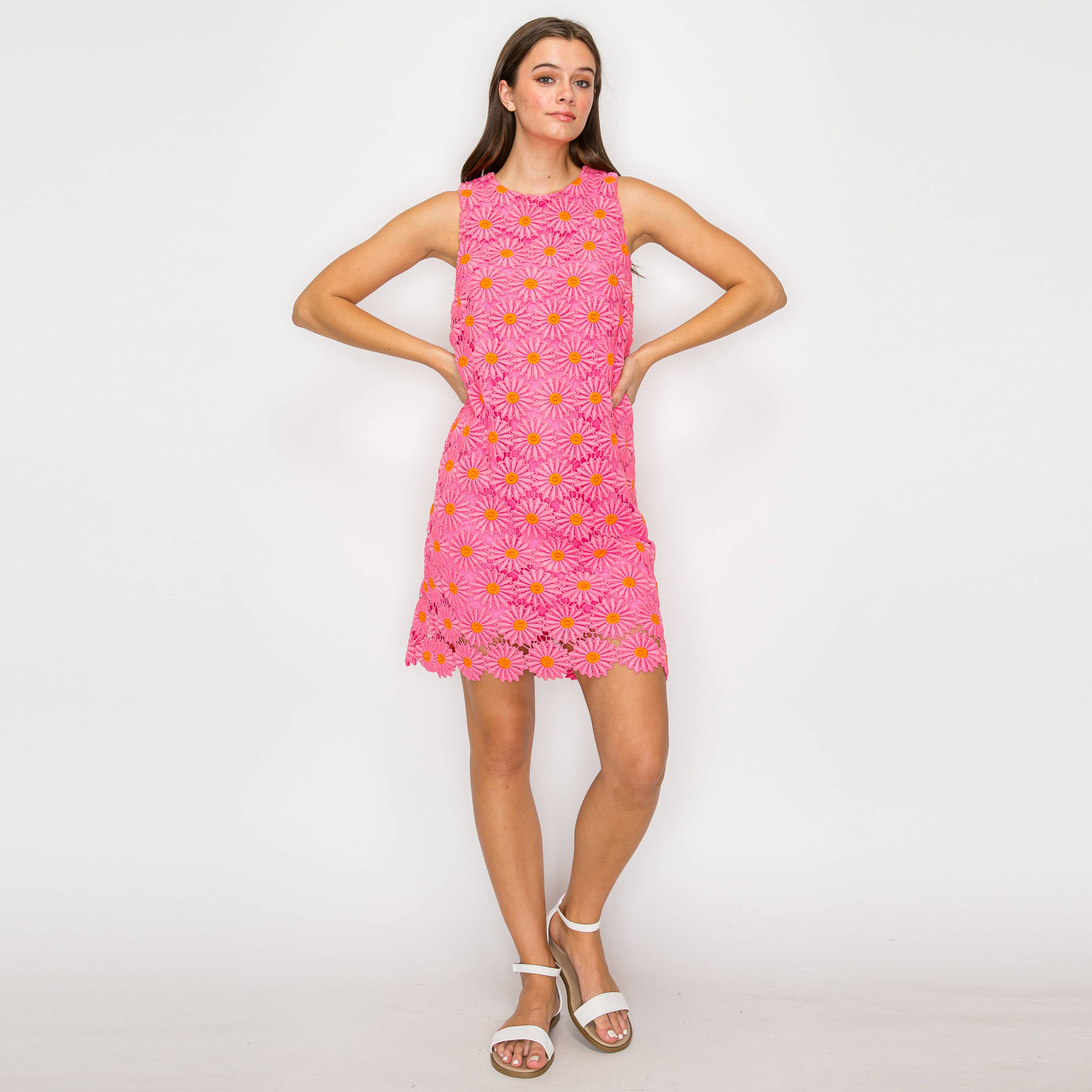 Pink Daisy Lace Mini Shift Dress
