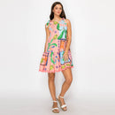 Coral Retro Tropical Print Cotton Mini Dress