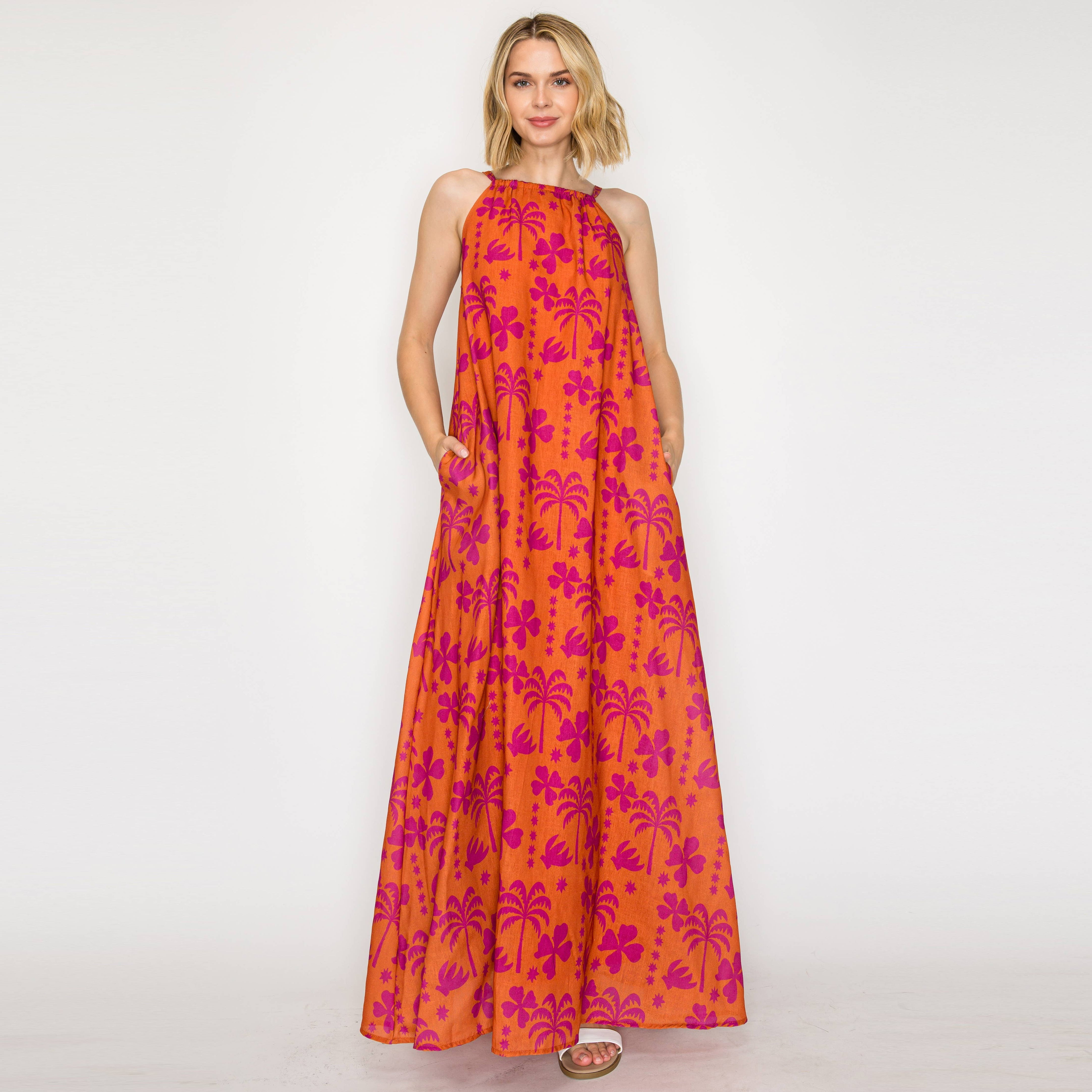 Hot Summer Orange Palm Tree Halter Maxi Dress
