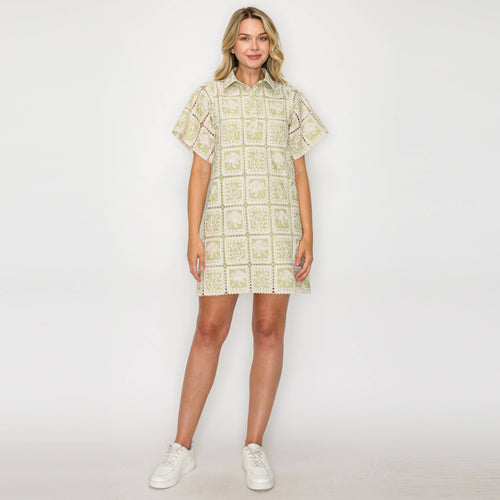Macha Green Patch Work lace Mini Shift Dress