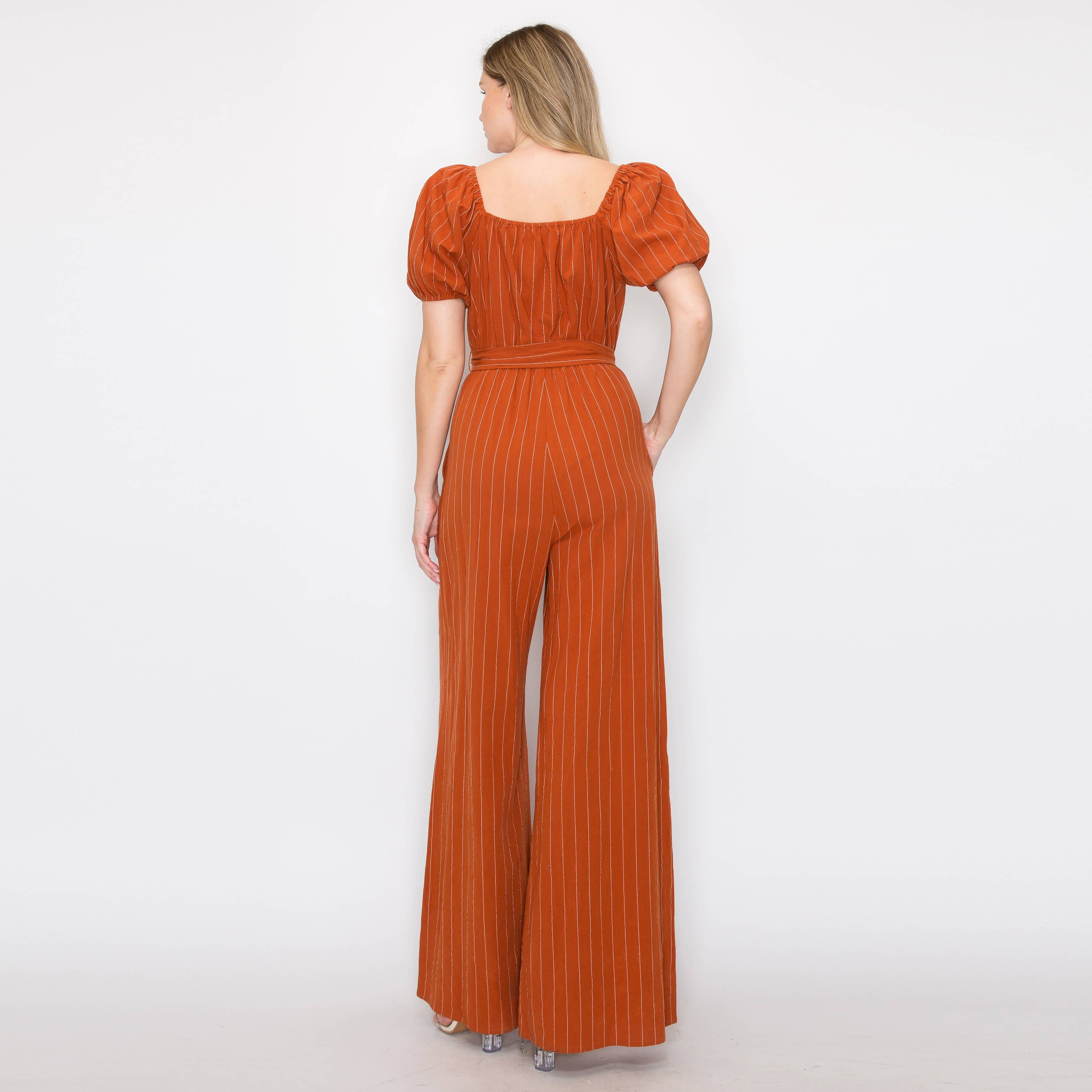 Stripe jumpsuit with puff sleeves