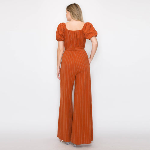 Stripe jumpsuit with puff sleeves