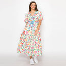 Summer Jacobean Flower Print Midi Dress Blue Binding-LWD2906