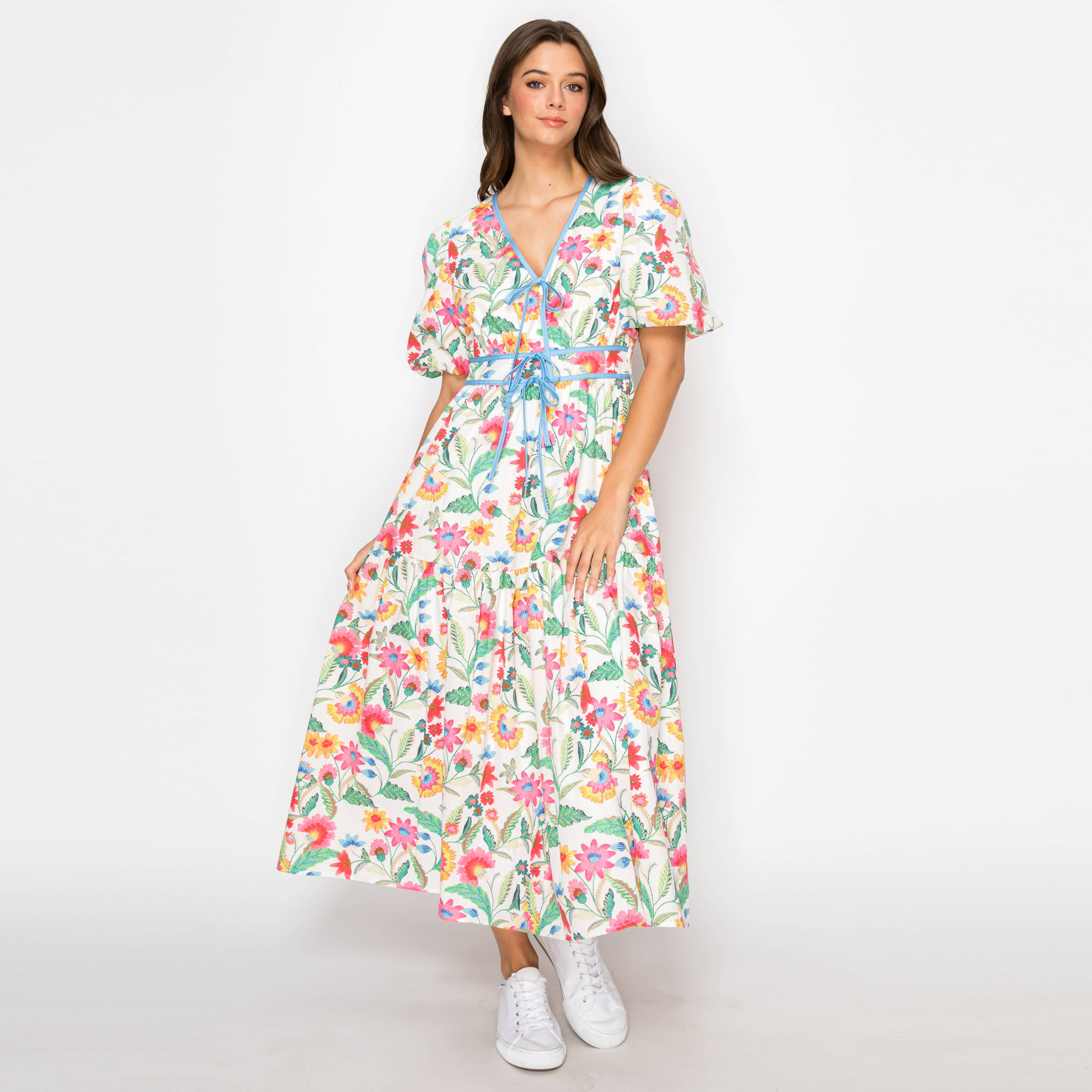 Summer Jacobean Flower Print Midi Dress Blue Binding