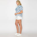 Double Ruffle Cotton Blouse with Ajrak print - Blue -LWT1982