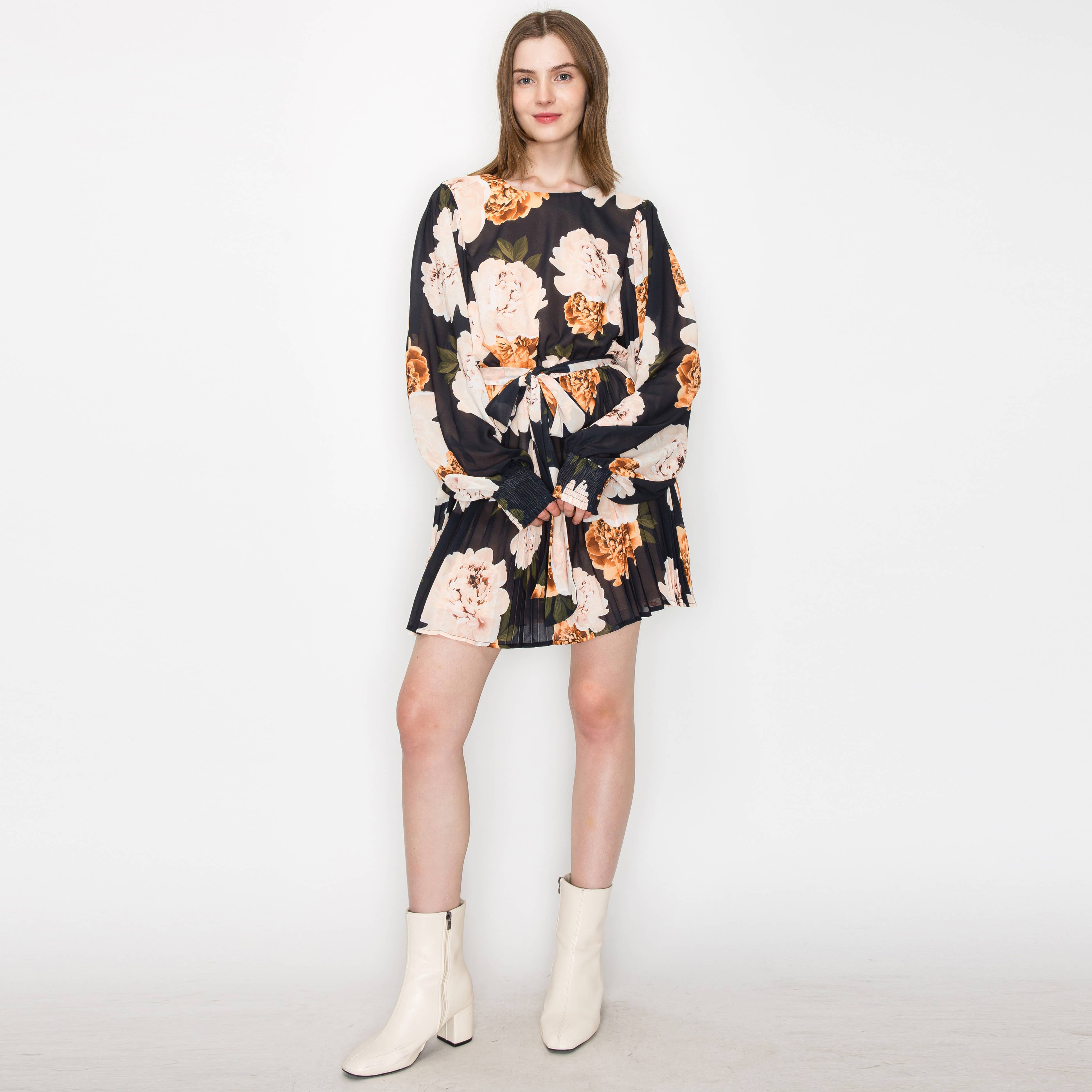 Black floral print mini dress