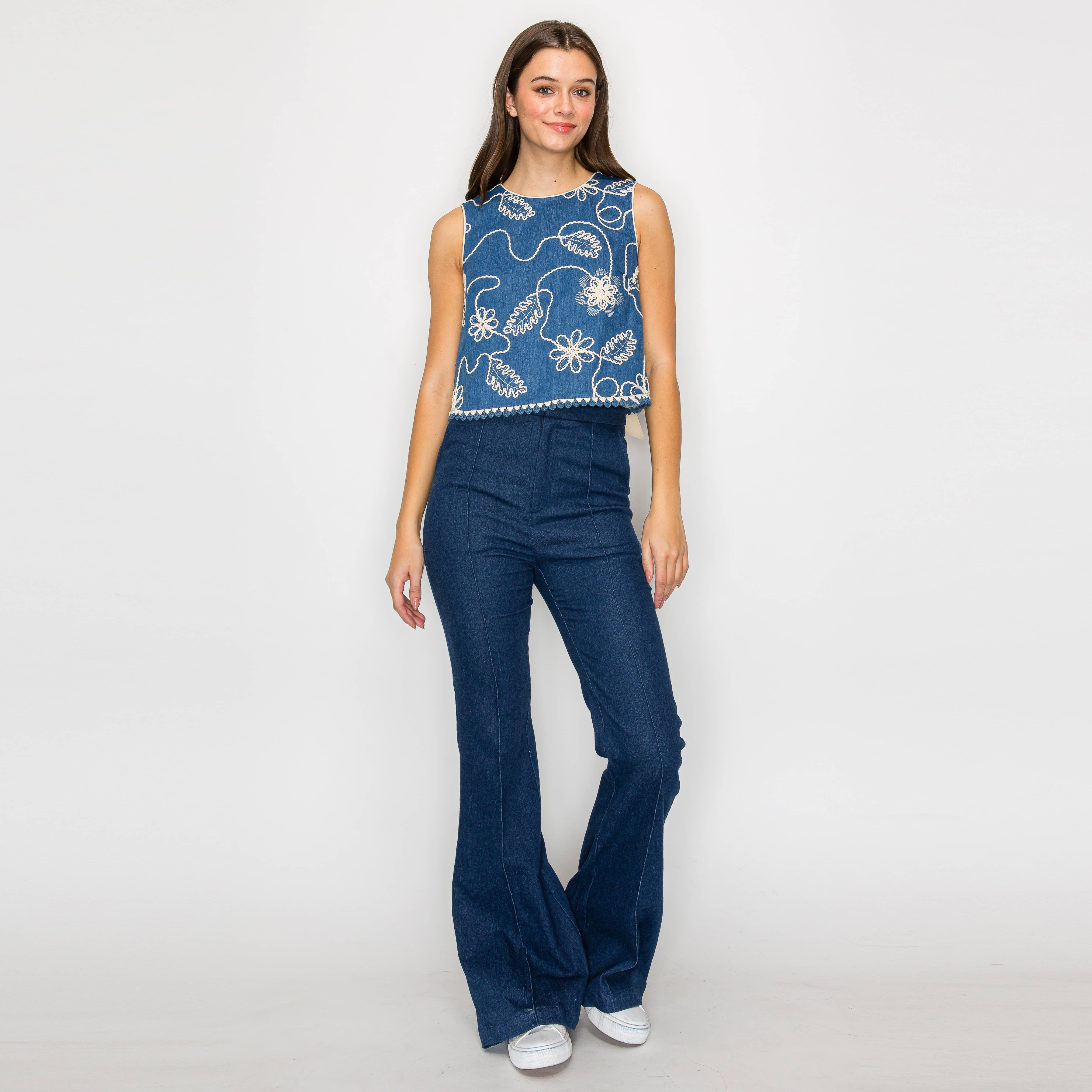 Jacquard Pattern Embroidery Top with Bow tie