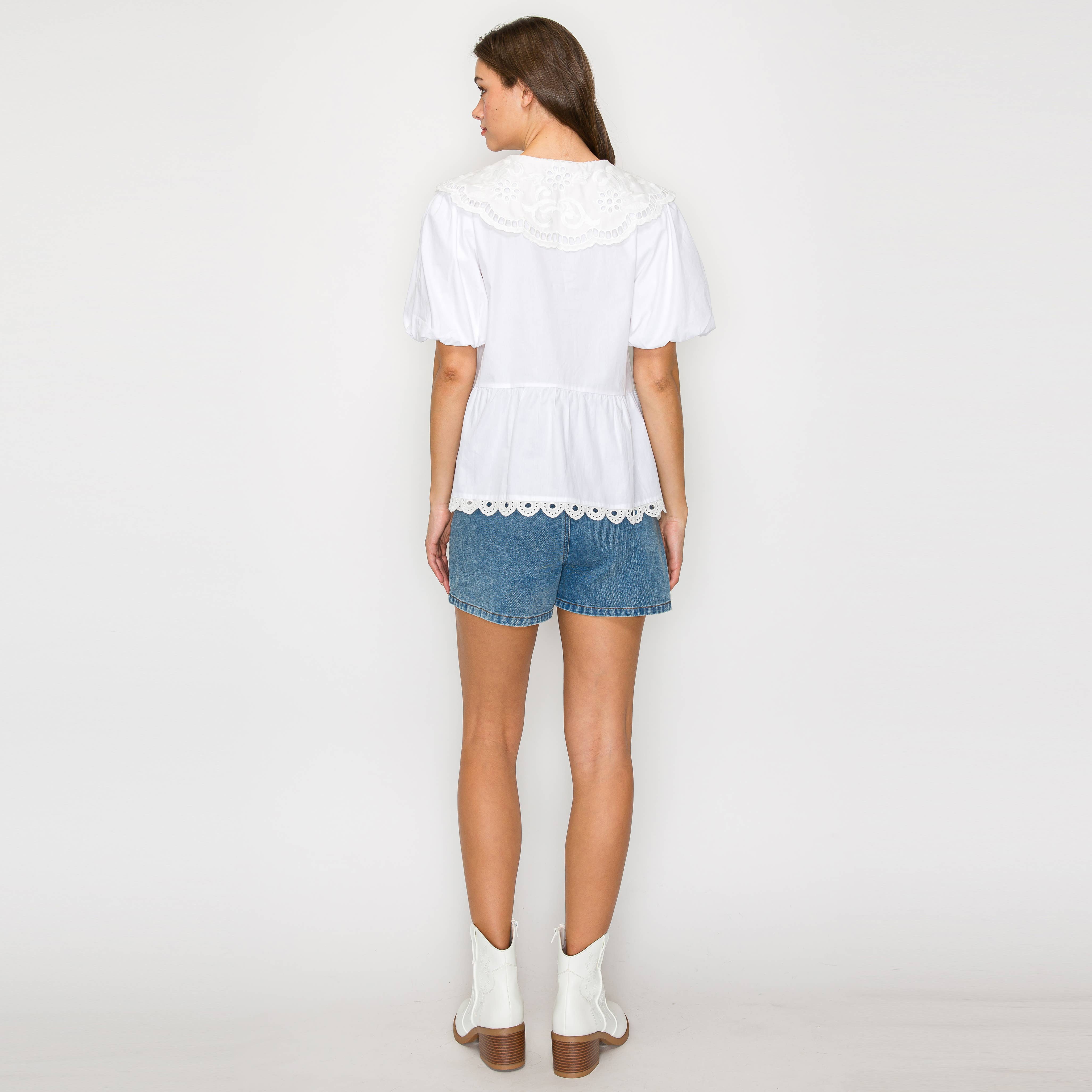 White Cotton Peplum Top with Lace Collar