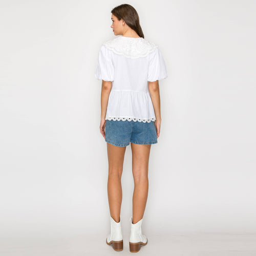 White Cotton Peplum Top with Lace Collar