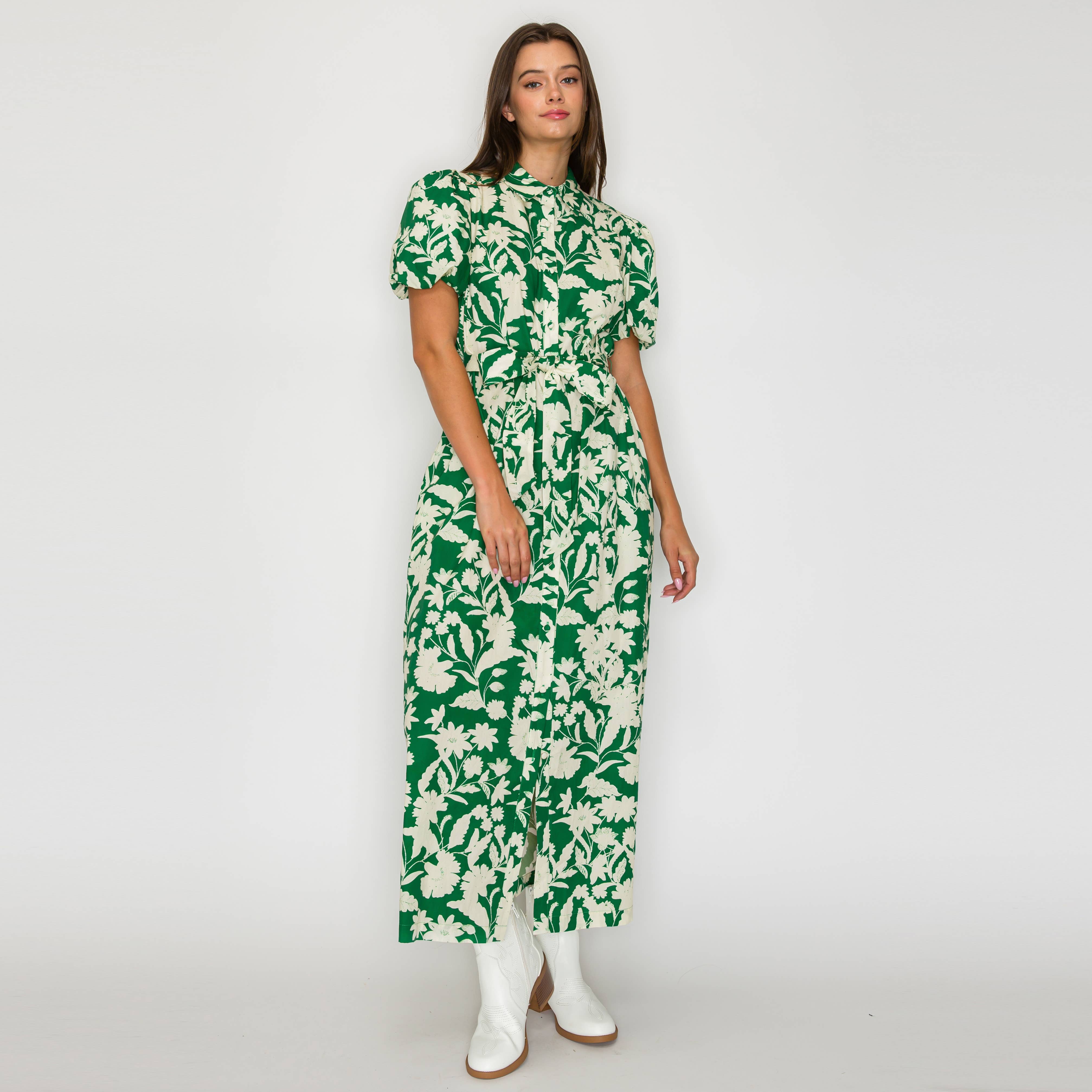 Emerald Meadow Belted Maxi Shirt Dress