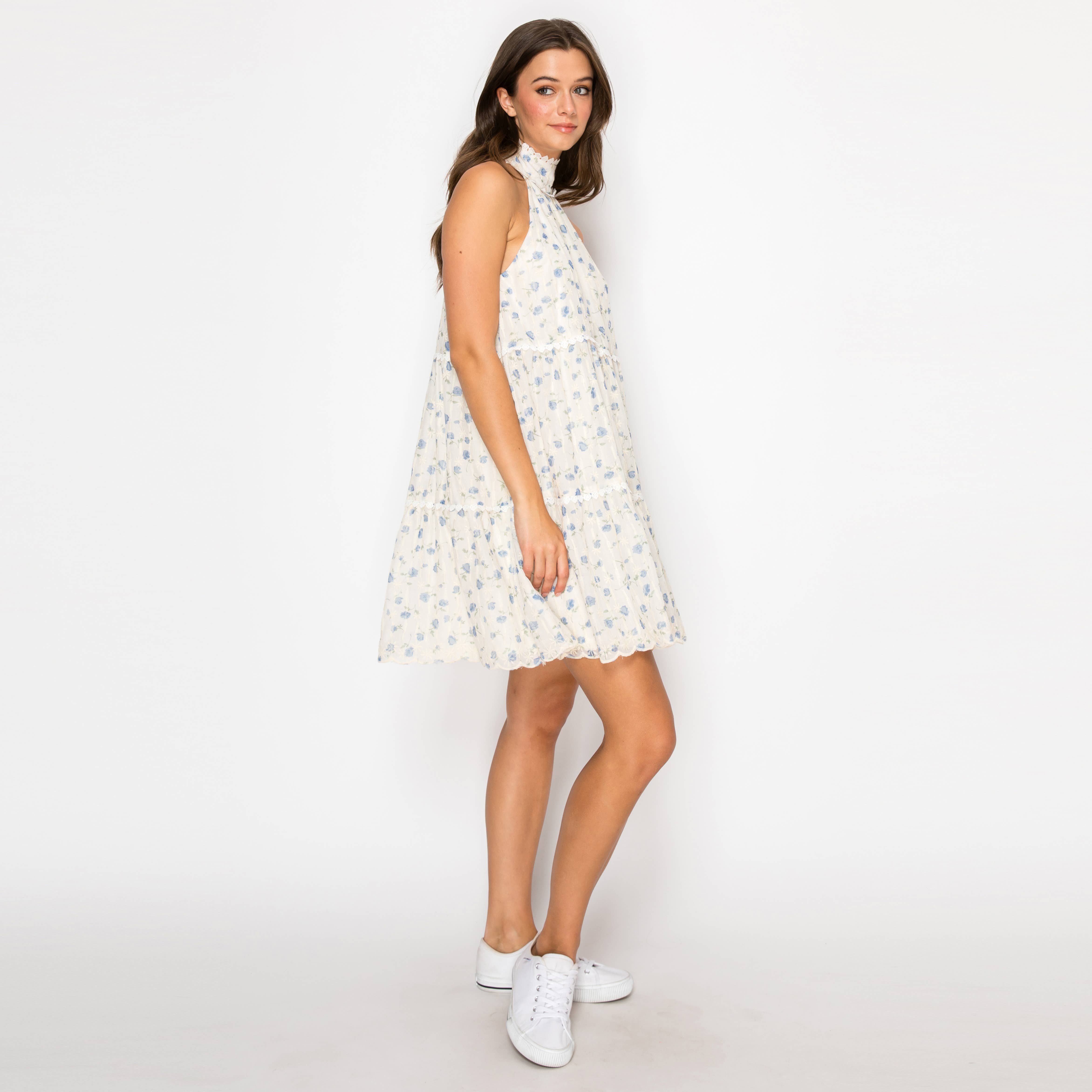 Blue Cloud Daisy Halter Mini Dress