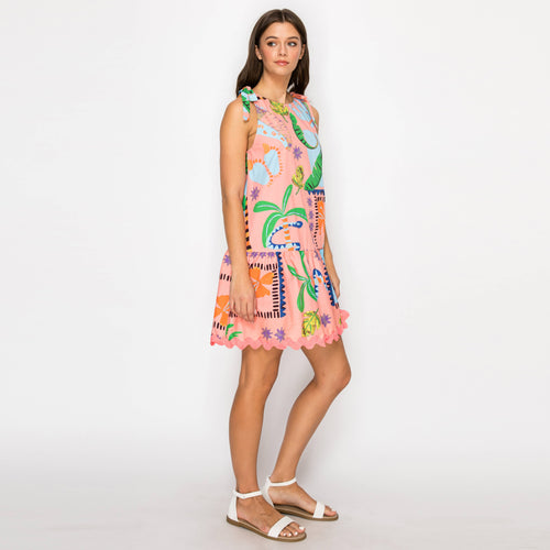 Coral Retro Tropical Print Cotton Mini Dress
