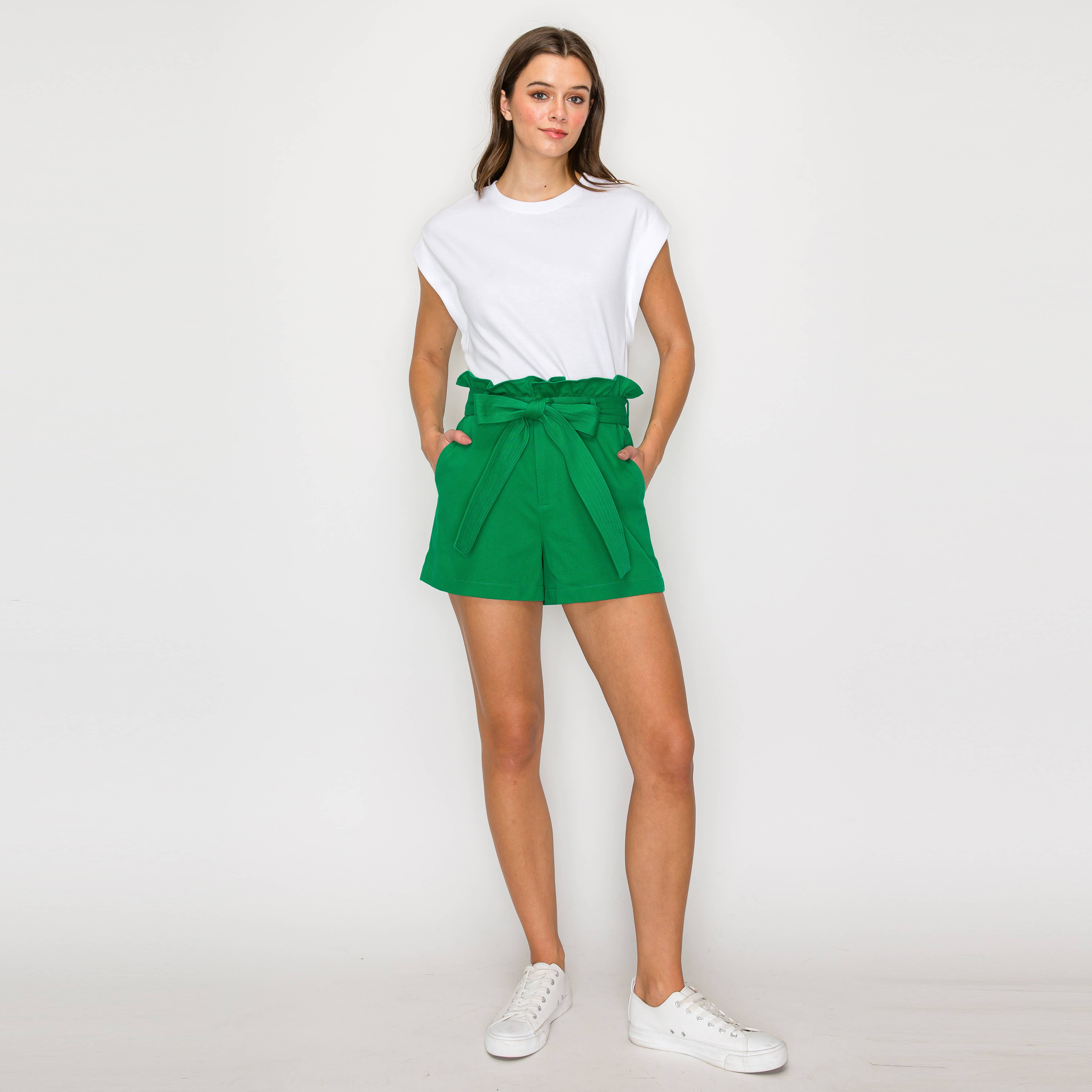 Shopper Bag Shorts with Sash Belt - GREEN