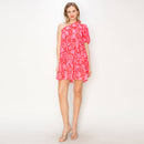 Print woven one-shoulder mini dress w/bubble sleeves-LWD2446