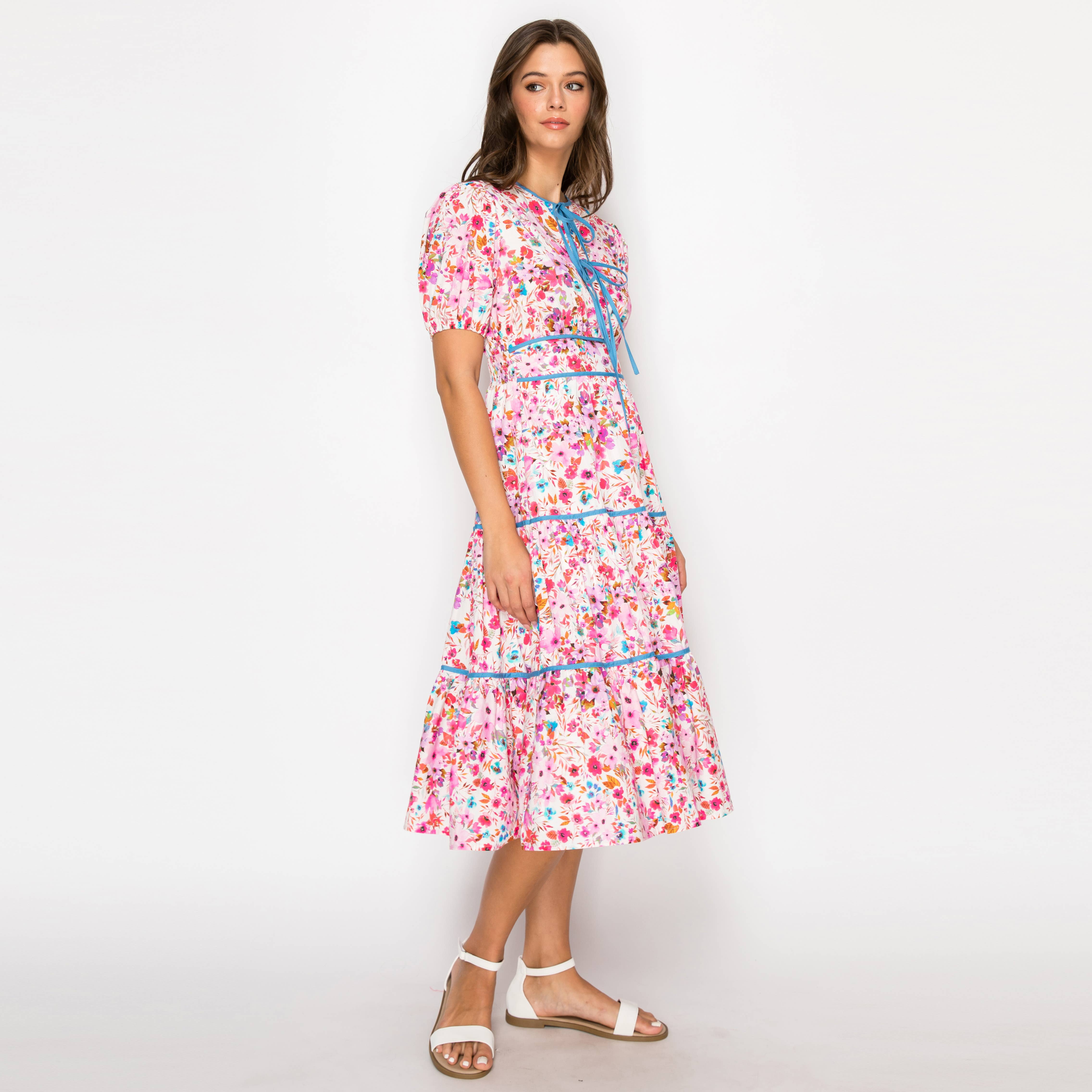 Double Bow Tie Midi Dress with Wild Flower Print