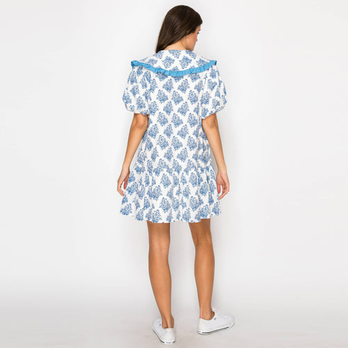 Ajrak Print Cotton Mini Dress With Collar
