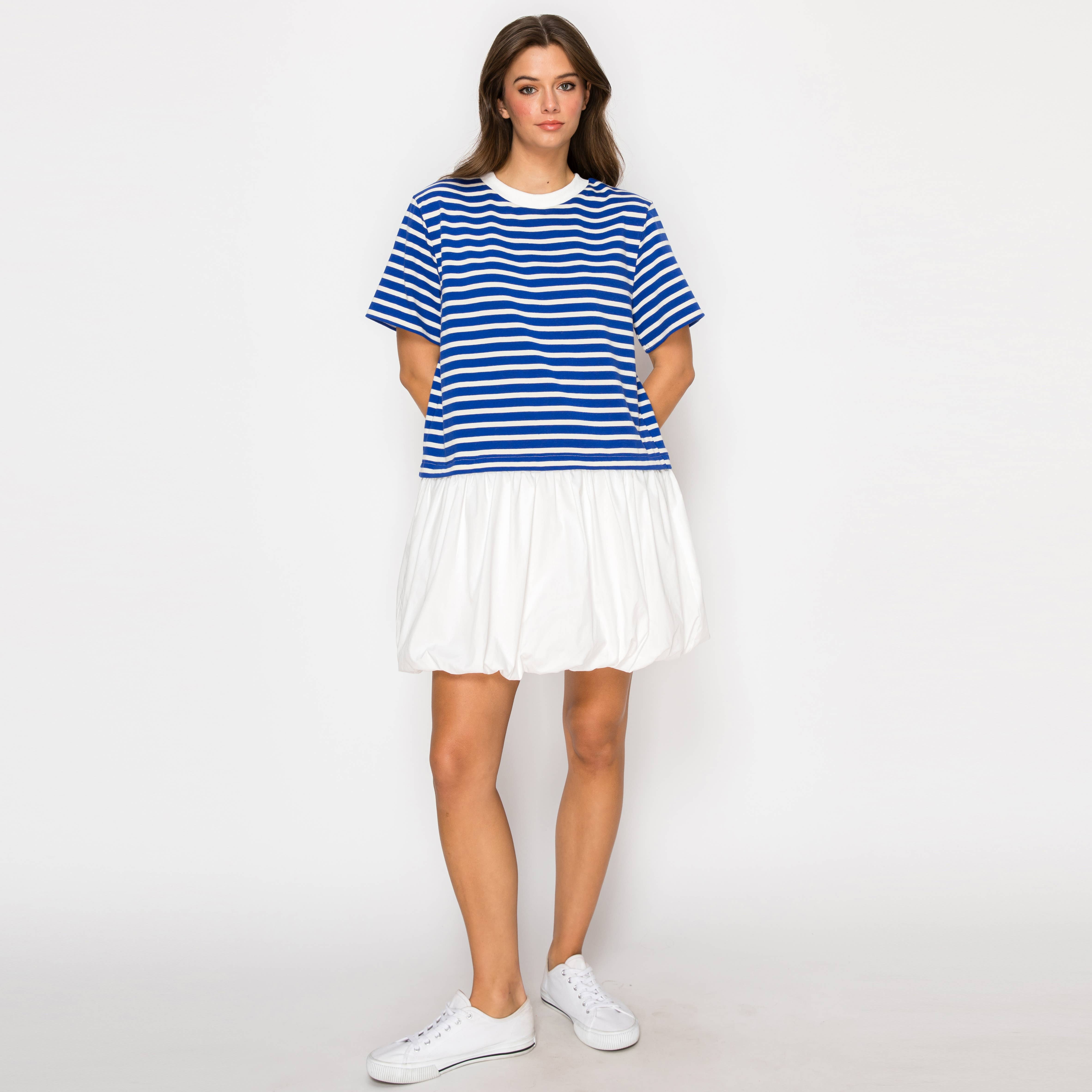Cool Blue & White Stripe Mini Dress Bubble Skirt