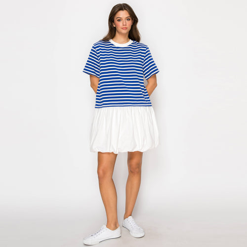 Cool Blue & White Stripe Mini Dress Bubble Skirt