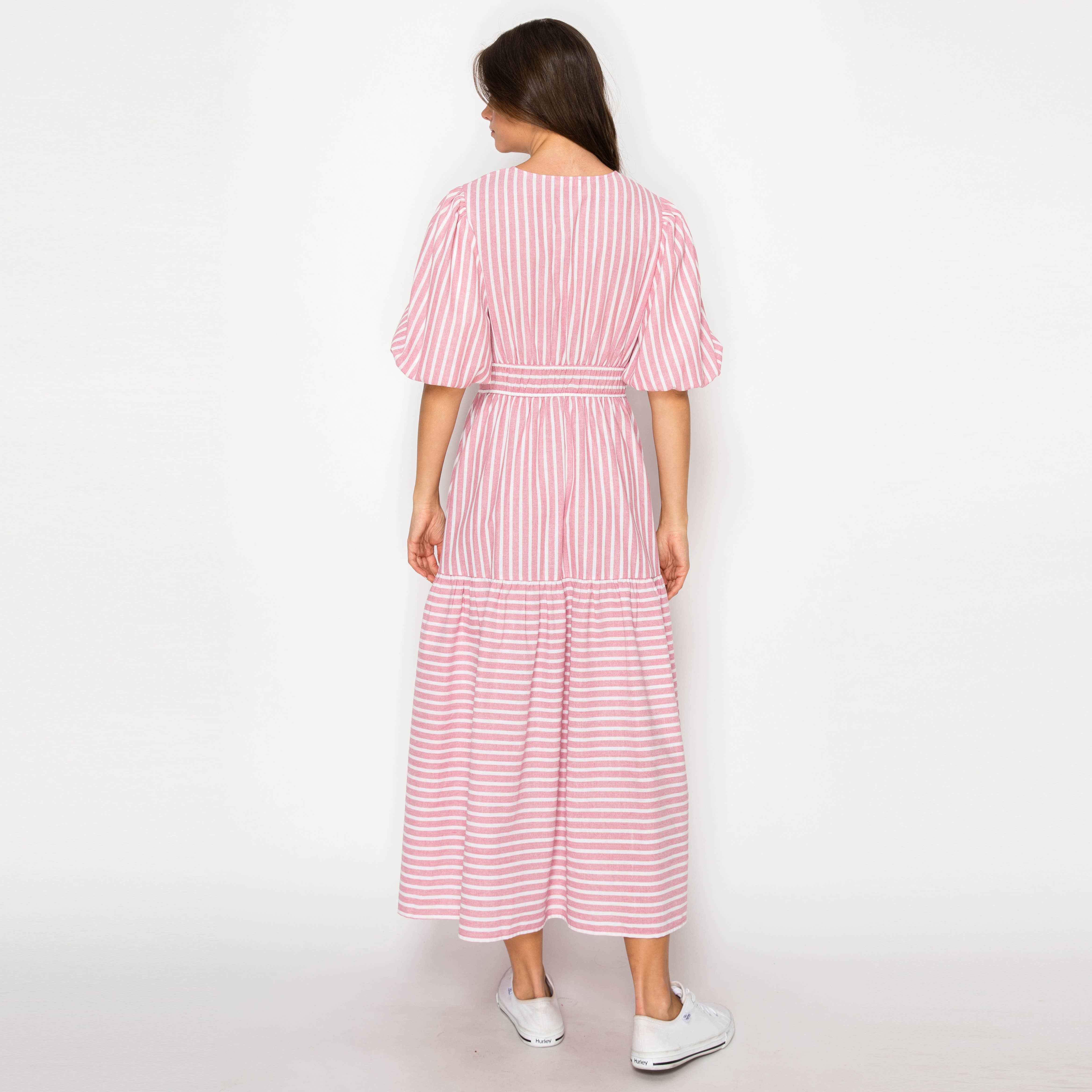 Soft Pink Stripe Linen Midi Dress