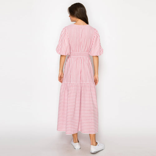 Soft Pink Stripe Linen Midi Dress