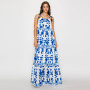 Blue Leaves Placement Print Maxi Halter Dress