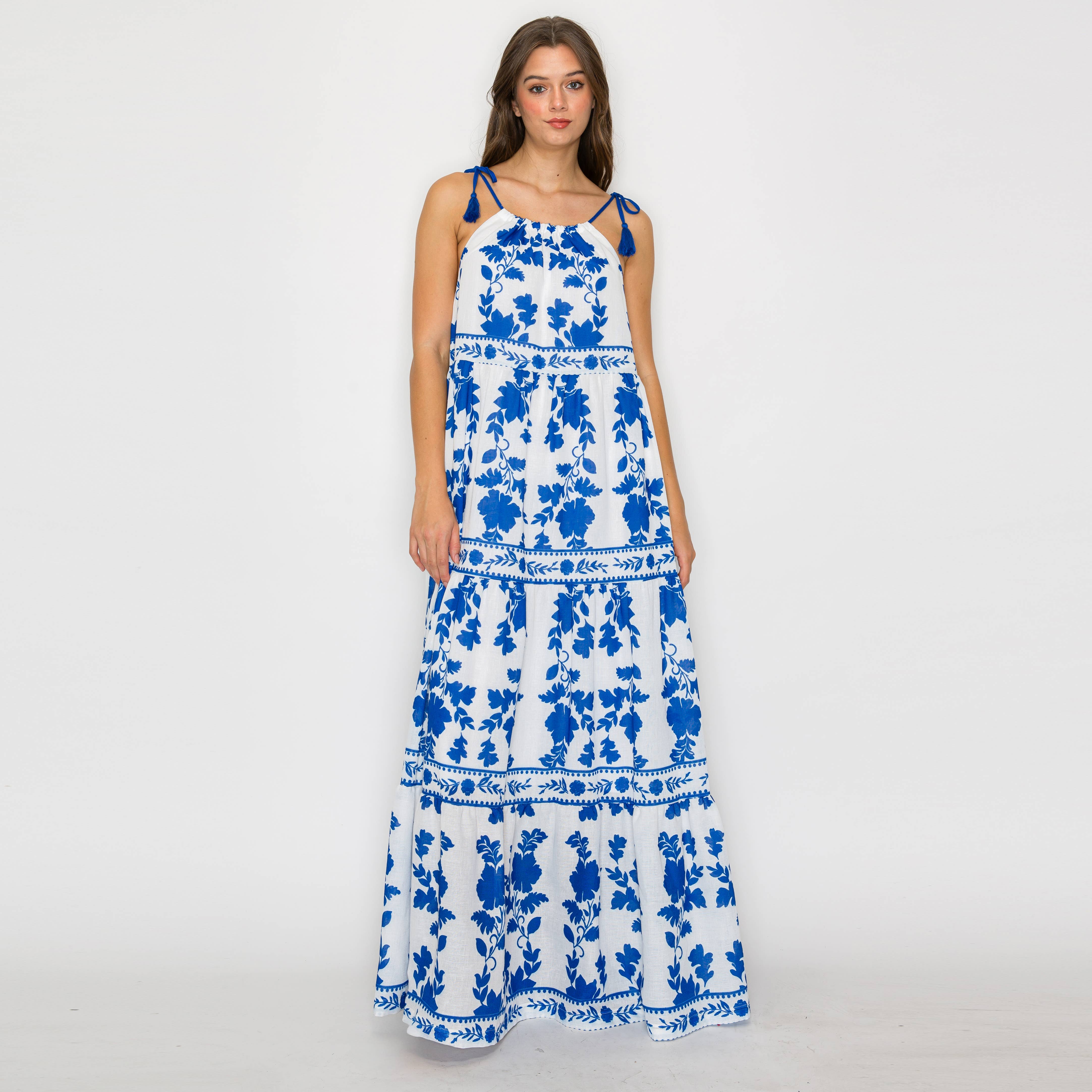 Blue Leaves Placement Print Maxi Halter Dress