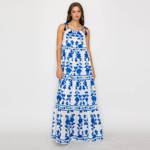 Blue Leaves Placement Print Maxi Halter Dress