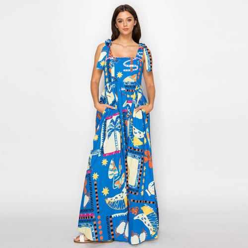 New Retro Blue Tropical Maxi Dress