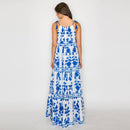 Blue Leaves Placement Print Maxi Halter Dress
