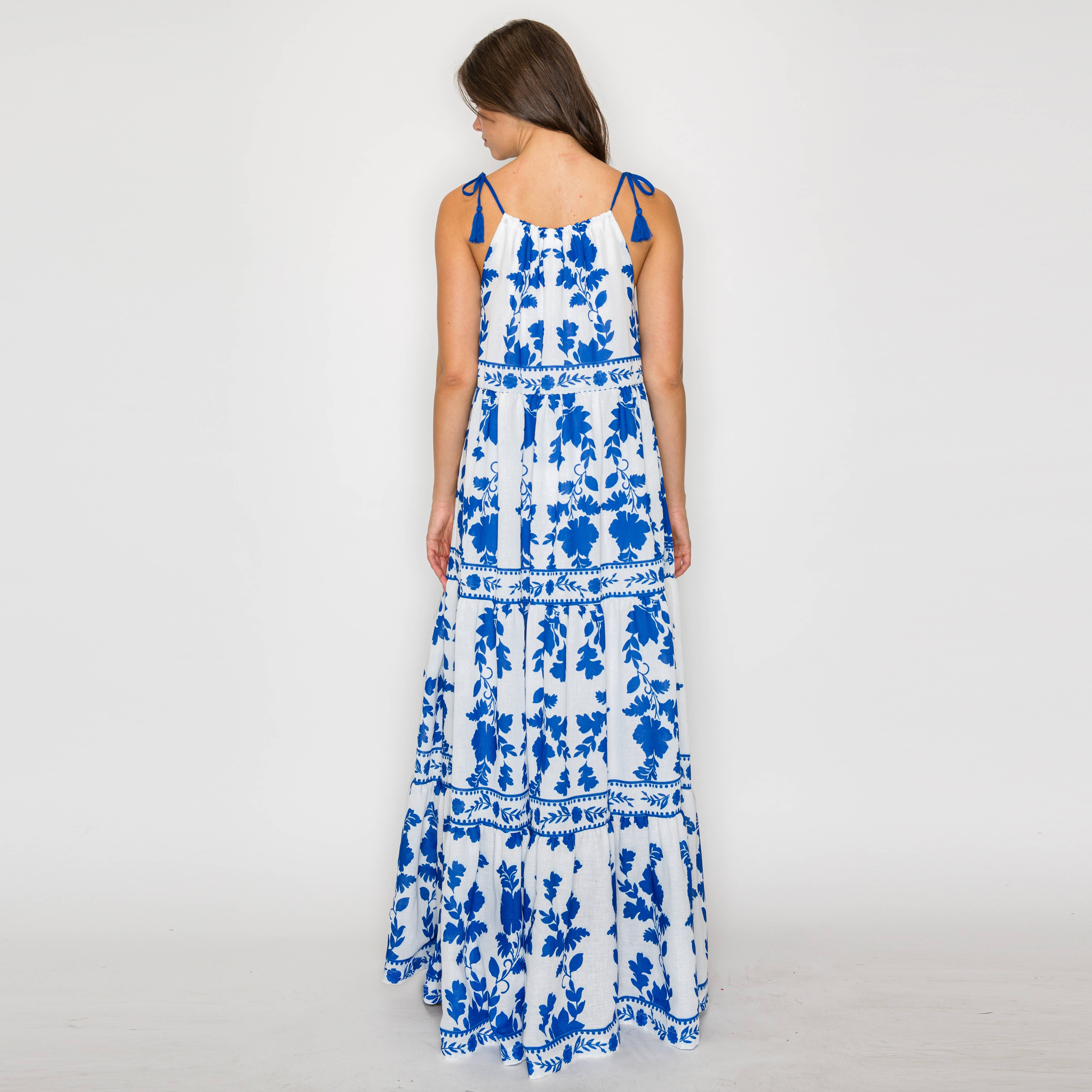 Blue Leaves Placement Print Maxi Halter Dress