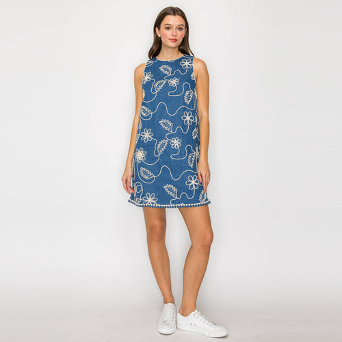 Jacquard Pattern Embroidery Denim Mini Shift Dress- LWD2870