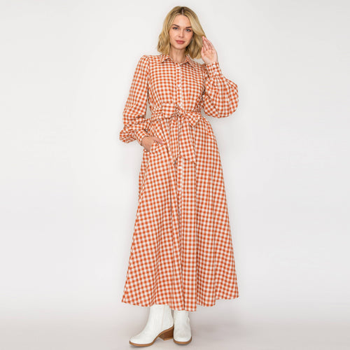 Rust Gingham Daydream Maxi Shirt Dress