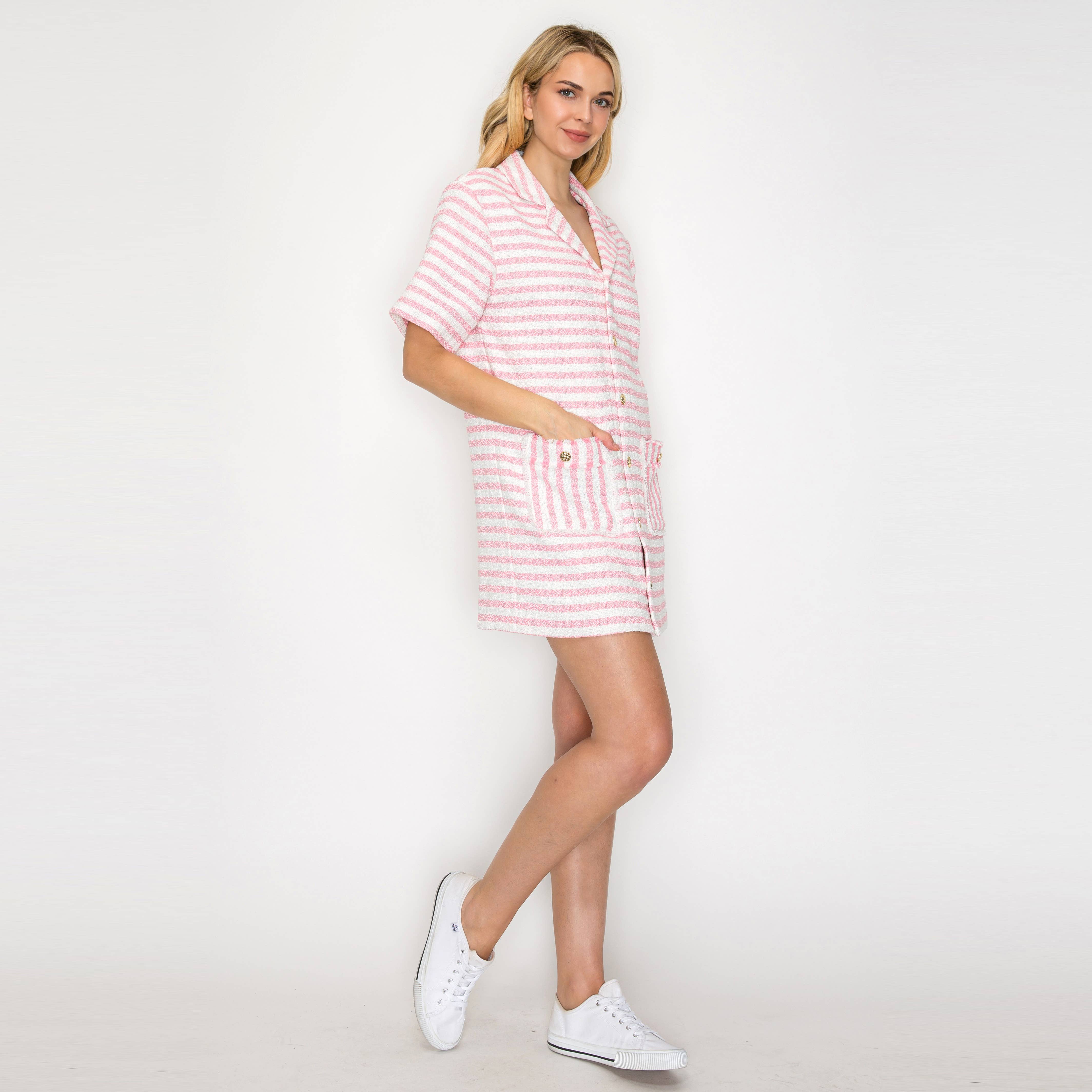 Pink & White Stripe French Boucle Shirts Mini Dress-LWD2868 