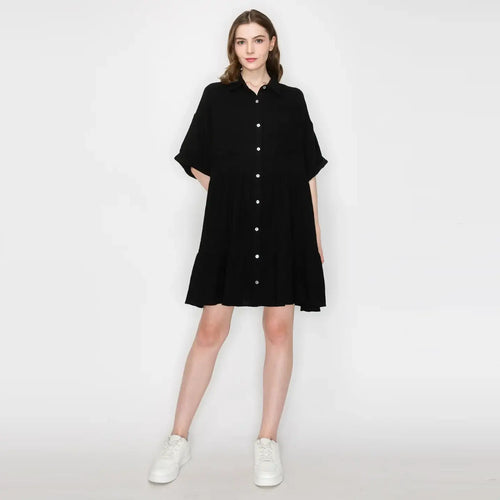 Cotton Gauze oversized shirts mini dress BLACK- LWD2534 