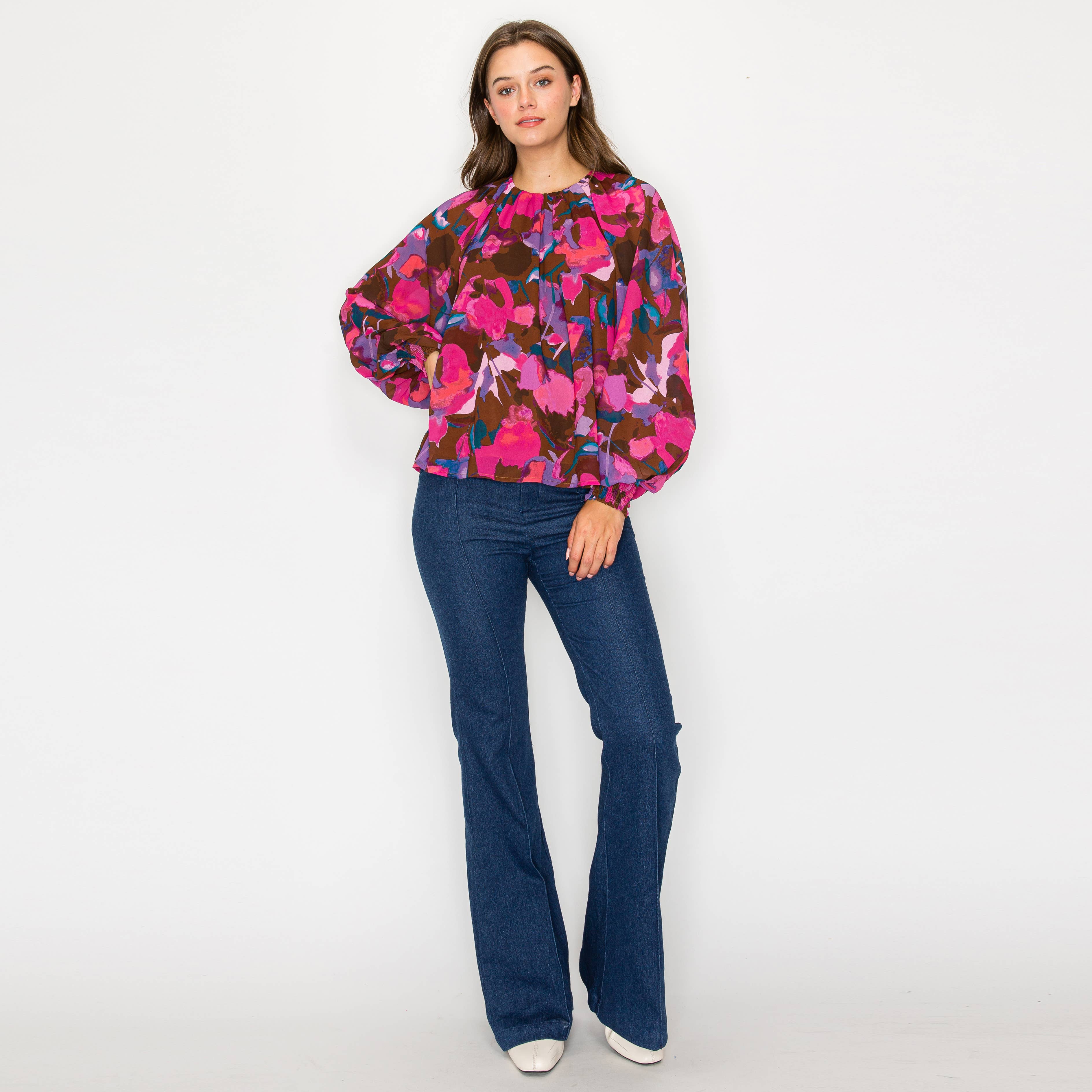 Pink in fall abstract print long sleeve blouse