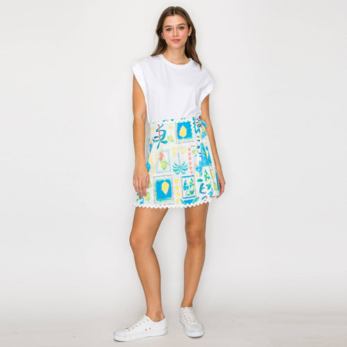 Retro Blue Palm Tree Print Skort w/ Rick Rack trim