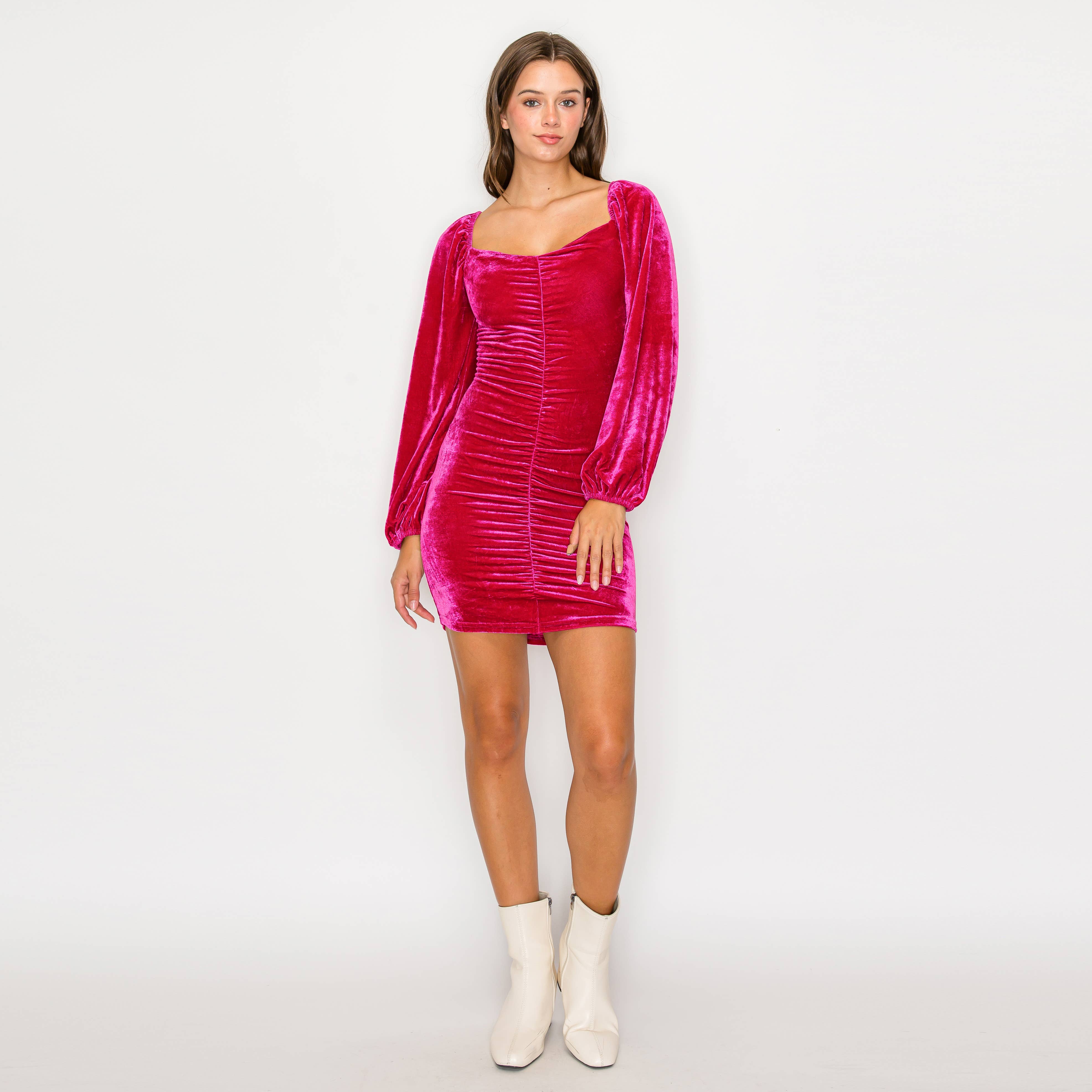 Mindy Fuchsia velvet mini dress