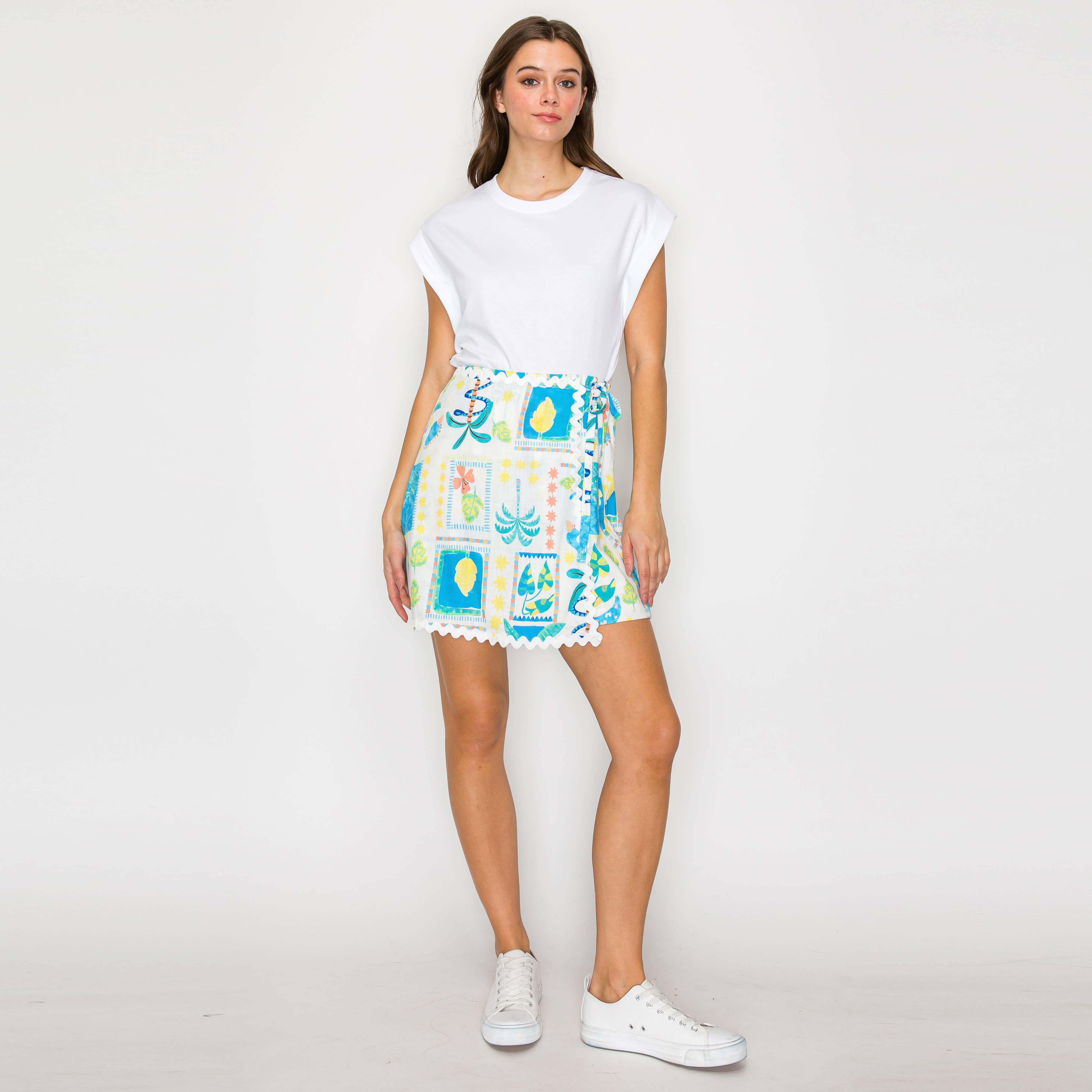 Retro Blue Palm Tree Print Skort w/ Rick Rack trim