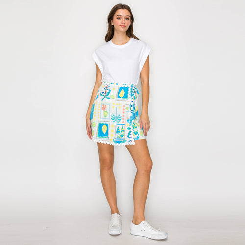 Retro Blue Palm Tree Print Skort w/ Rick Rack trim
