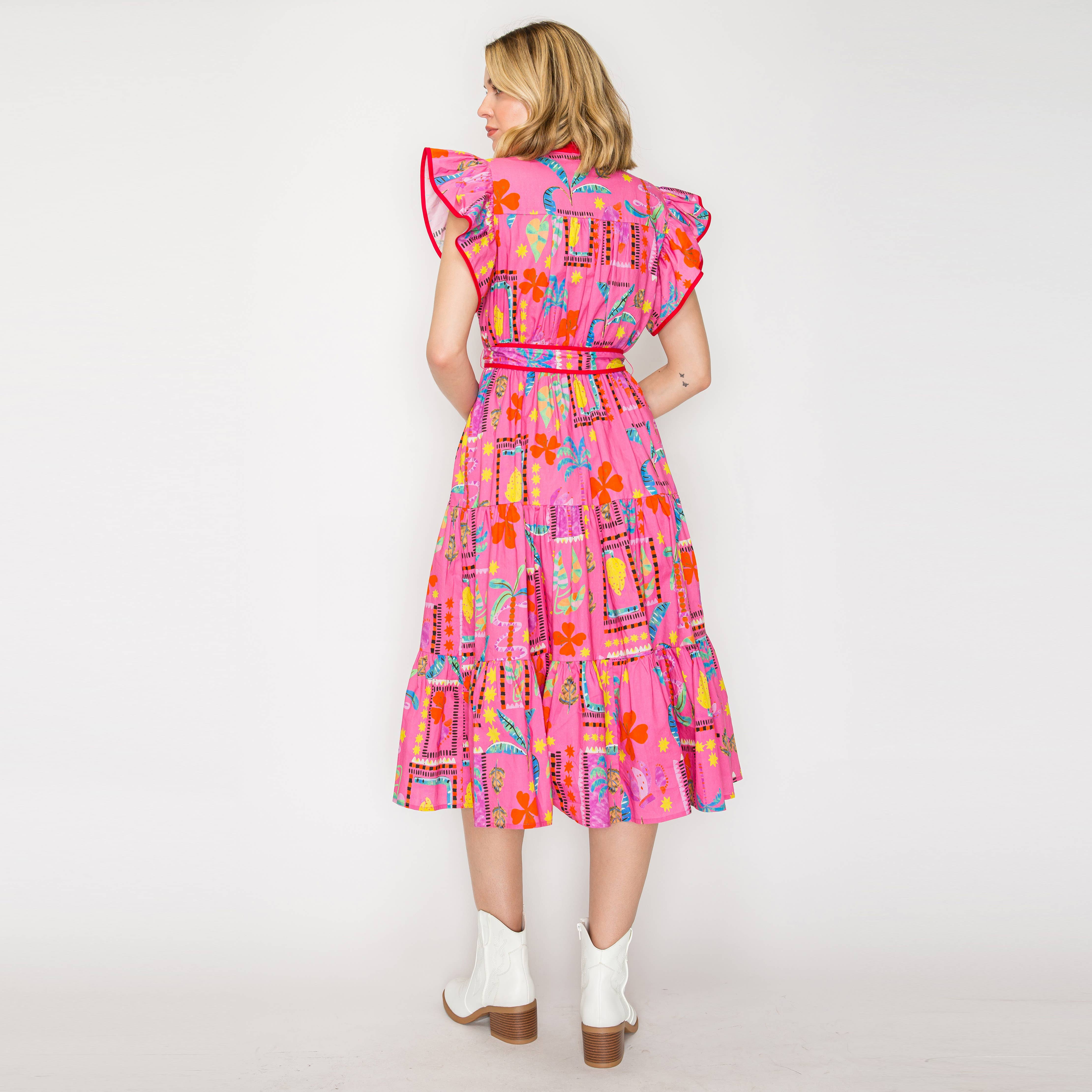 Pink Western Tropical Midi Dress