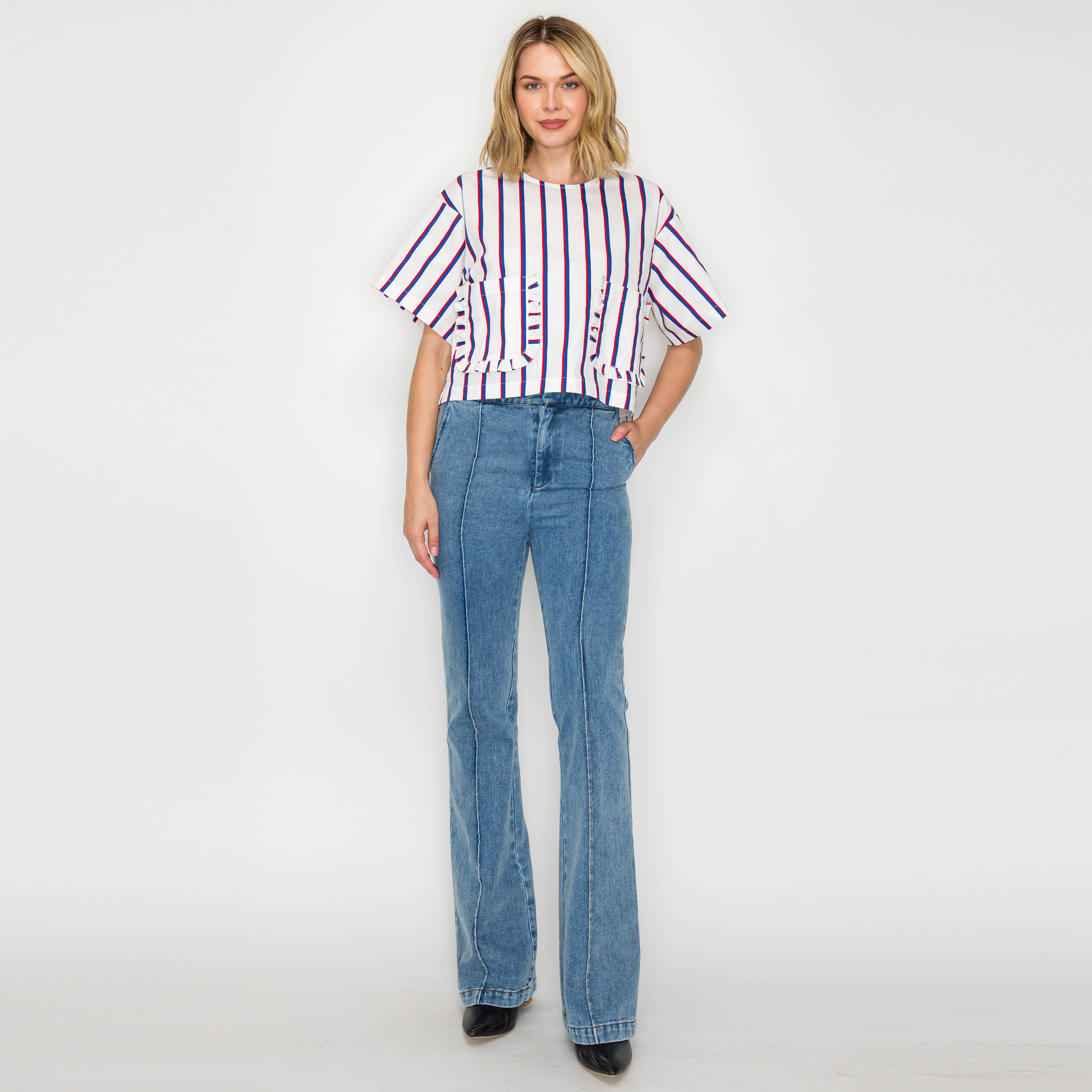 Ruffle Ruffle Stripe Top - Blue & Red stripe