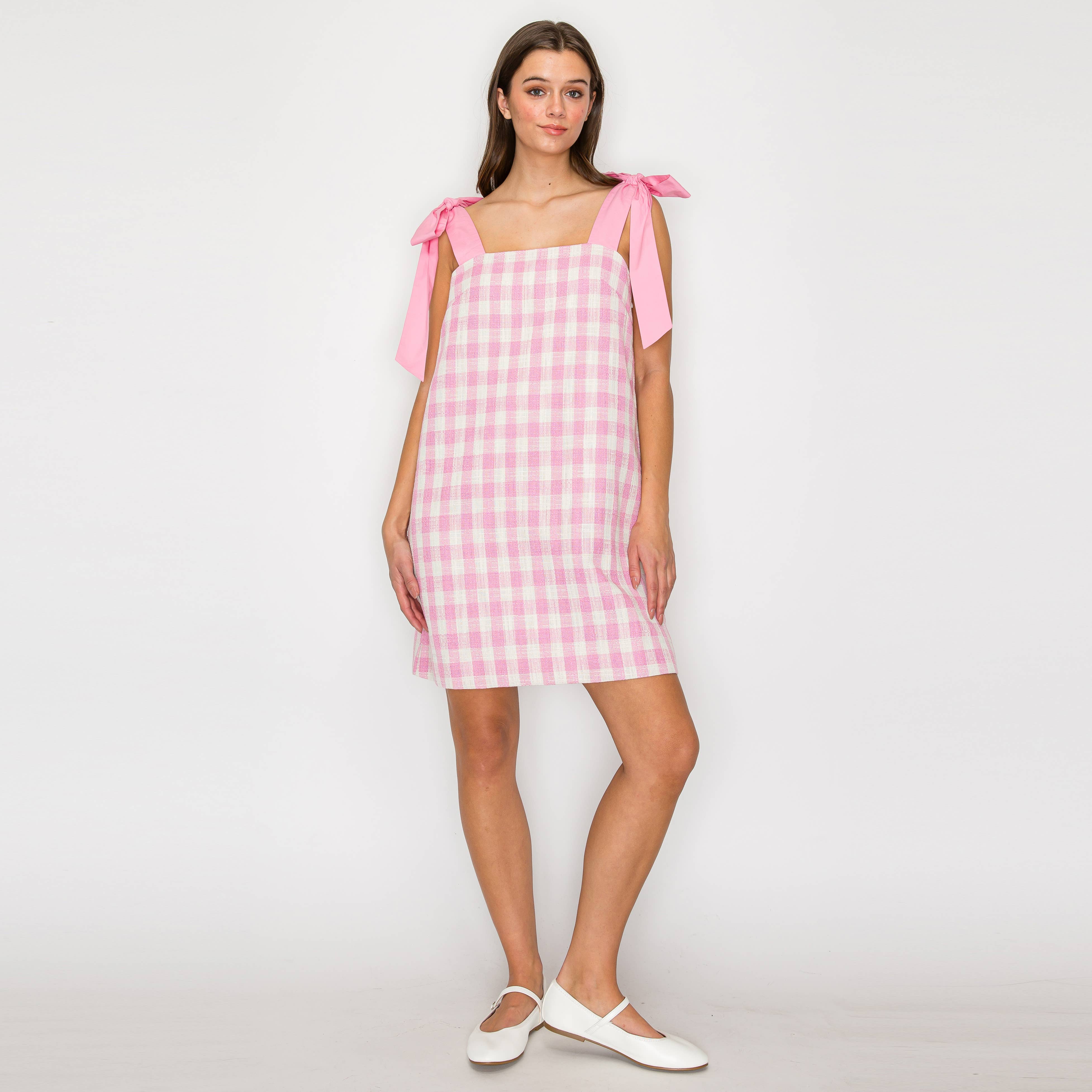Pink Gingham Plaid Mini Dress with Bow Tie