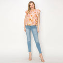 Print linen top with double ruffle sleeves